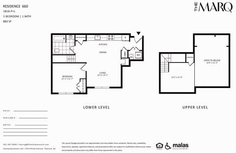 Floor plan for 1 bed, 1 bath, 883 sqft